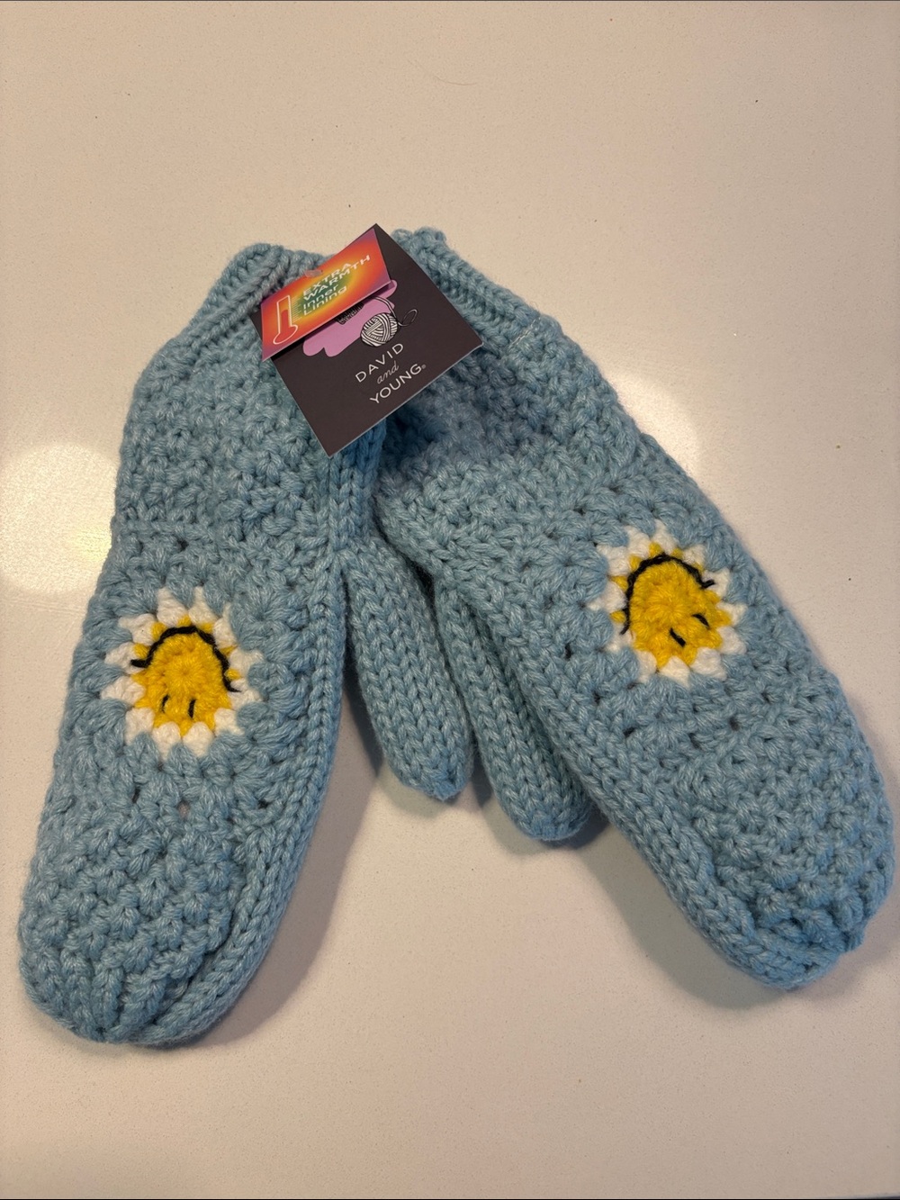 NWT David and Young Handknit Blue Mittens with Sunshine Design